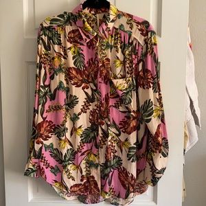 Free People Floral/Tropical Button Down Silk Shirt